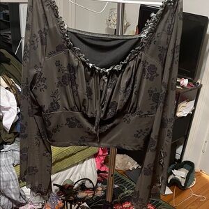 SHEIN Olive Green Floral Ruched Crop Top with Tie